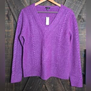 Talbots Bold Purple V-Neck Cable Knit Wool Blend Sweater Medium NWT